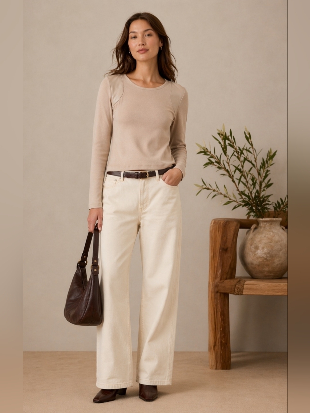 ANTHROPOLOGIE Maeve Women's Faux Leather-Inset Pullover Contemporary Neutral